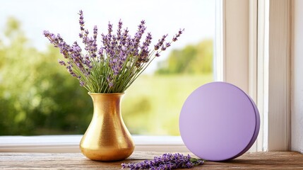 Lavender Bouquet in Golden Vase  Purple Pedestal  Rustic Table  Window View