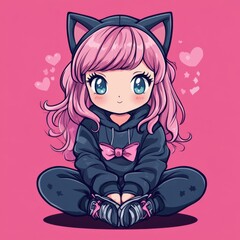 T shirt Design Playful Cartoon Girl with Cat Ears