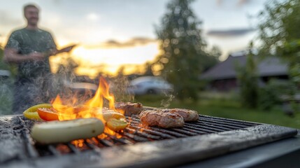 Obraz premium Sunset BBQ Grill Meat Vegetables Flames Summer Evening