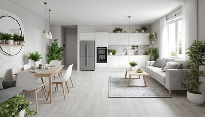 Fototapeta premium Modern Scandinavian Living Room and Kitchen Interior Design