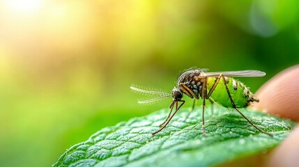 Close up Mosquito on Leaf  Insect Macro Photography  Nature Detail  Green Background  Summ