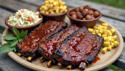 Obraz premium Wooden Plate with Ribs, Corn, and Coleslaw