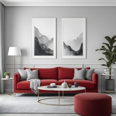 Modern Red Velvet Sofa in Minimalist Living Room Interior
