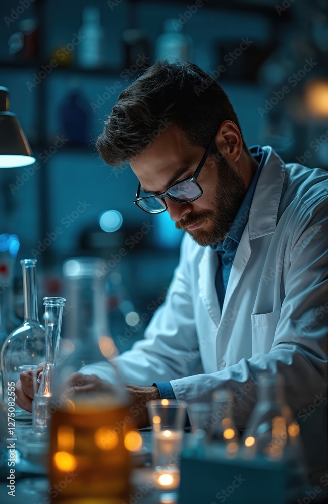 Poster Man in lab coat works in laboratory with flask. Scientist studies virus, develops vaccine. Medical researcher analyzes test tube sample. Science, tech, medicine, healthcare promo. Professional