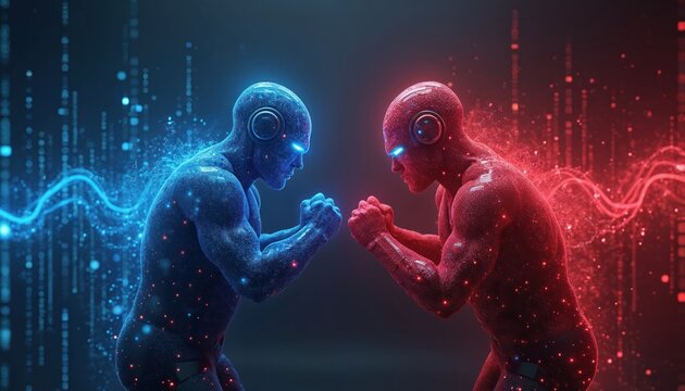 Cybersecurity showdown visualization. Blue team confronts red team in digital space. Futuristic network breach defense. AI generative illustration data protection, cyber war. Shows abstract tech