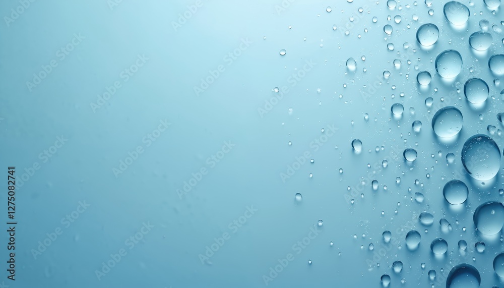 Poster serene blue background with water droplets. simplistic flat lay design, empty space for text, freshn
