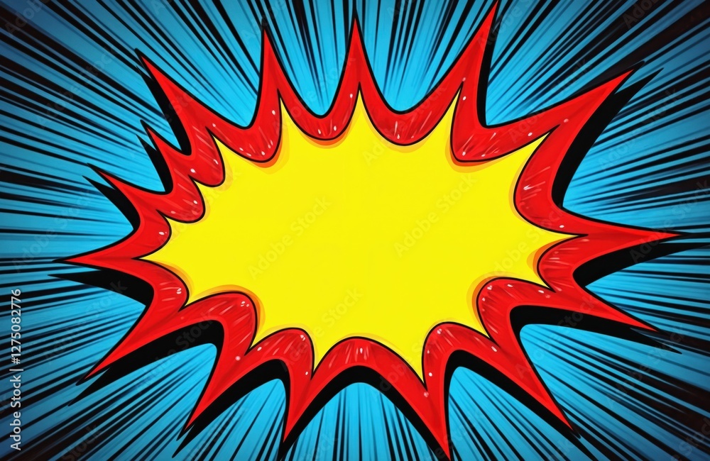 Poster retro comic book explosion visual background illustration in pop art style. yellow burst frame, red 
