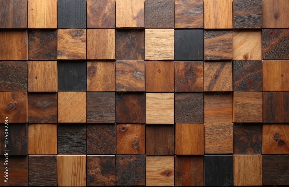 Fototapete Various brown woods background. Wooden blocks of different shapes create organic rustic surface. Handcraft vintage pattern construction made of timber. Building material mosaic with abstract retro