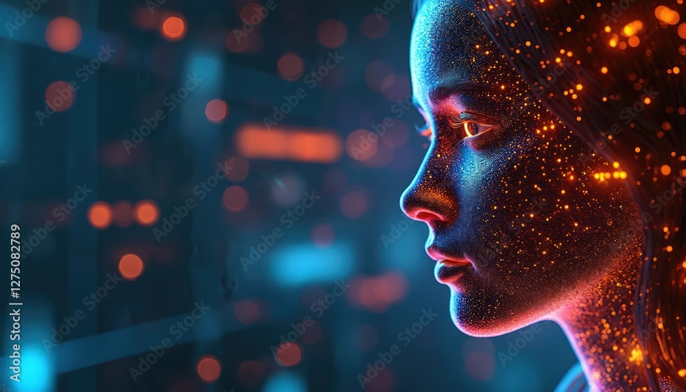 Aufkleber cybernetic face silhouette with flowing data, light, tech edge. ai, virtual advanced tech science. n