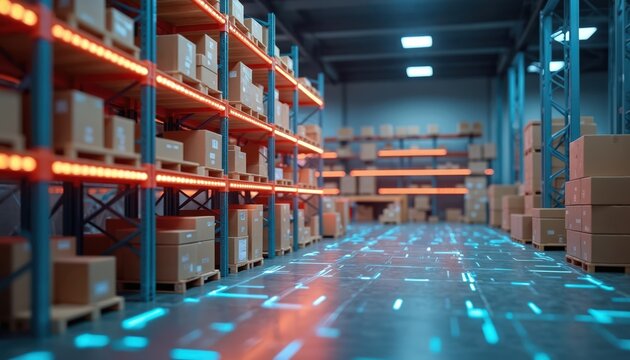 Smart logistics at modern innovative warehouse. Futuristic digital technologies using augmented reality, e-commerce, delivery service concept. High tech innovative cyberspace, control product