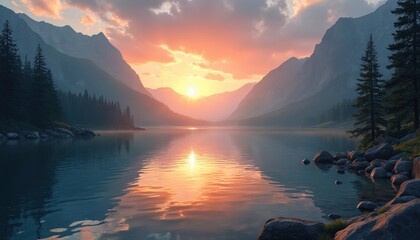 Majestic sunrise over mountain lake landscape. Sun reflects on water creating idyllic scenery. Evergreen forest on rocky shore. Tranquil nature background for meditation, outdoor activities, travel.