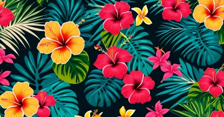 Tropical Floral Pattern with Bold Hibiscus Blooms