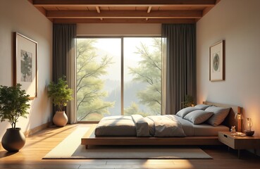Cozy bedroom interior with comfortable bed, natural sunlight through large window with trees outside. Minimalist design, wooden floor, furniture creates tranquil, restful atmosphere in elegant home