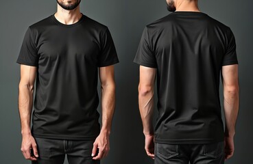 Man wears plain black t-shirt, front and back views. Mockup template for clothing apparel design presentation. Adult in casual outfit, dark hair, beard. Modern style, trendy fashion, stylish look.