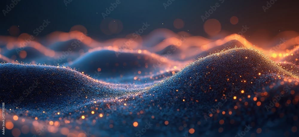 Aufkleber Illustration of abstract digital landscape with dynamic waves, glowing particles, mesh. Blue, orange colors. Futuristic technology network visualization, interconnected nodes concept, science fiction