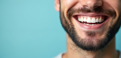 Obraz premium Closeup portrait of smiling bearded man on pastel blue background for dentistry or teeth whitening. Happy confident male with healthy snow-white smile. Concept for clinic ads or oral hygiene products.