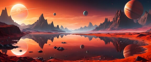 Alien Planet Landscape with Reflective Lake and Ringed Planet