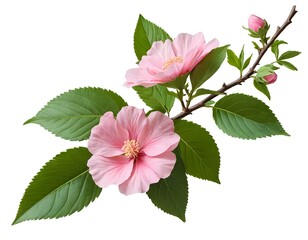 Pink Hibiscus Flowers and Green Leaves Branch