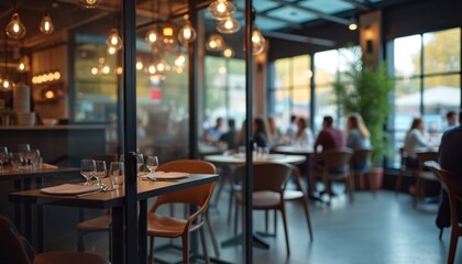 Modern restaurant interior with blurred people sitting at tables in soft focus. Contemporary cafe design with tables setting, chairs, illuminated lamps, glasses. Lifestyle eatery indoor space with