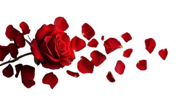 A beautiful red rose with petals scattered around, symbolizing love and romance.