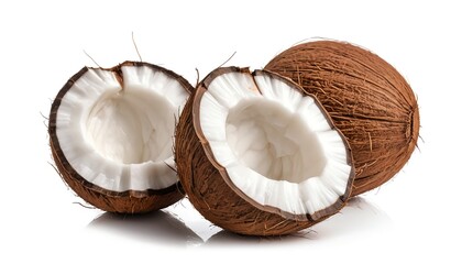 Halved Coconuts and Whole Coconut Isolated on White