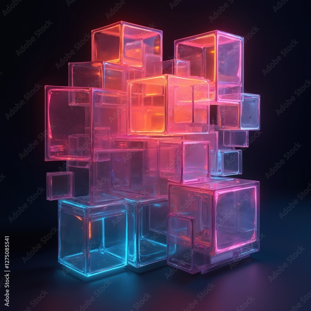 Poster Generative AI abstract illustration of geometric shapes. Colorful neon lights in cyberspace against dark background. Glowing translucent glass cubes construction. Concept of future technologies data