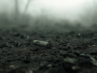 Cigarette Littered on Ground in Foggy Outdoor Environment