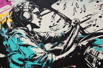 Woman Driving Car Listening Headphones Music