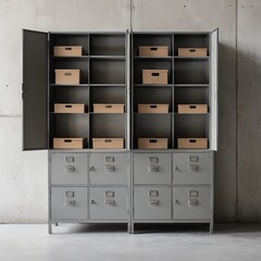 Grey Metal Industrial Cabinet with Cardboard Boxes