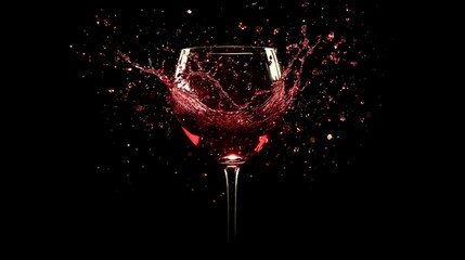 Dynamic red wine splash in glass against black background capturing movement and elegance
