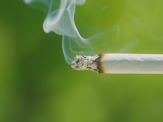 Close-Up of a Burning Cigarette with Smoke Against a Green Background