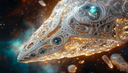 Ornate bejeweled alien spaceship sails across the dark cosmic sea