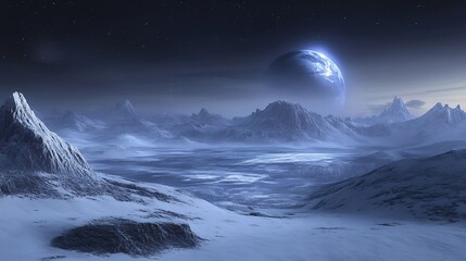 Fototapeta premium icy alien planet with glowing frost and frozen peaks