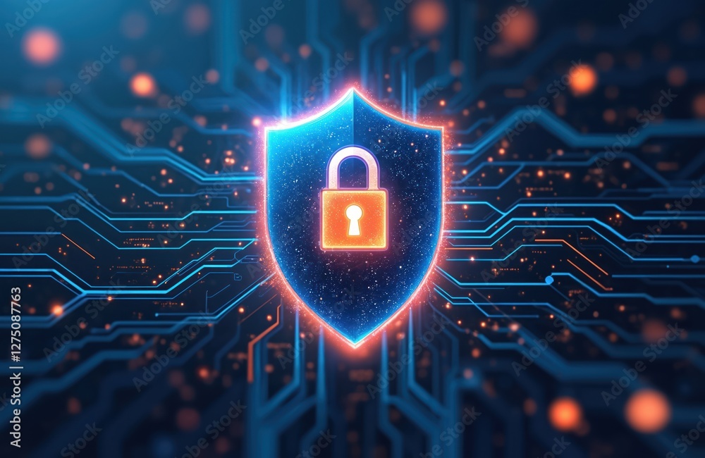 Poster Concept of data protection, cyber security. Firewall shield with lock on tech circuit board backdrop. Generative AI safeguard, encryption tech, anti virus protection, network security, threat