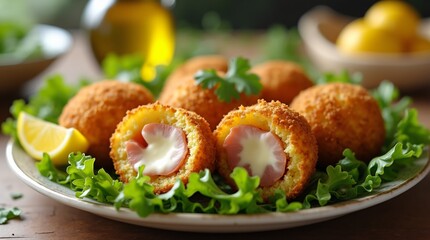 Golden croquettes filled with bechamel and ham