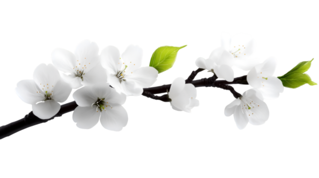 Delicate white flowers blooming on a branch with fresh green leaves. - Powered by Adobe