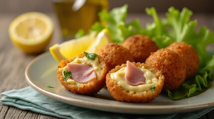 Golden croquettes filled with bechamel and ham