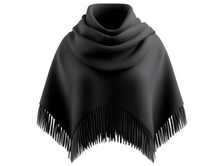 Elegant black poncho with fringes, perfect for stylish warmth and comfort.