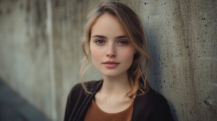 Young female standing against urban wall with blonde hair and brown sweater