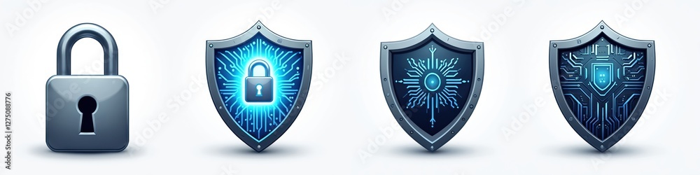 Poster cybersecurity clip art collection featuring icons on transparent background. set includes shield, pa