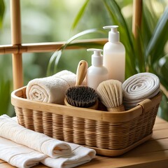 Spa Products and Towels in Bamboo Basket