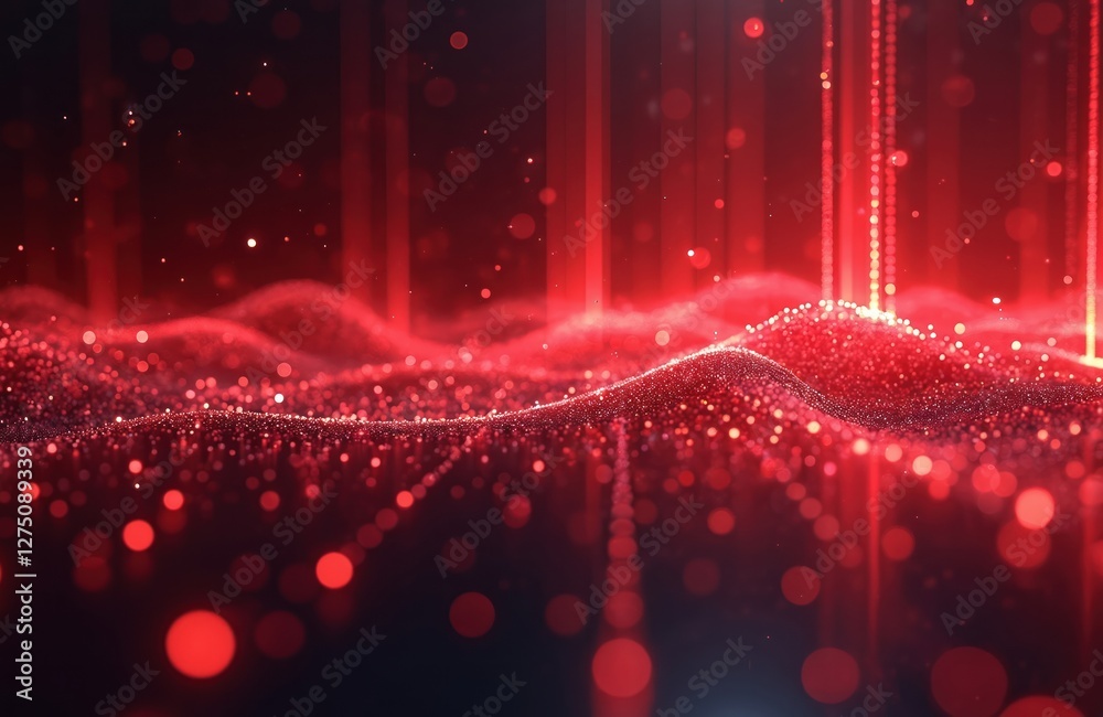 Aufkleber Dynamic red digital particles flow with streaming light rays, depict data digital tech. Futuristic cyberspace, virtual reality, computer coding, information speed, data transmission concept, modern