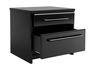 Modern black nightstand with an open drawer, perfect for bedroom storage solutions.
