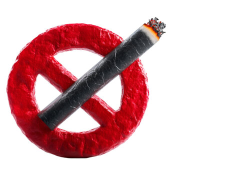 No smoking sign with a burning cigarette symbolizes anti-smoking campaign.