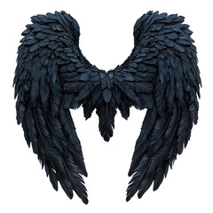 Dark angel wings with black feathers spread wide, gothic fantasy illustration, isolated on transparent or white background, png