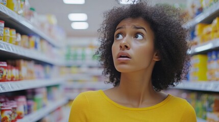 Young woman in supermarket aisle looking upward with concerned expression