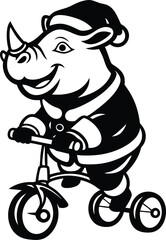 Funny Rhino is riding a tricycle silhouette vector illustration, rhino is riding a tricycle black line art vector design