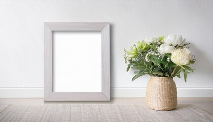Fototapeta premium Fresh blooms fill a serene minimalist landscape frame in a bright and airy white interior, capturing the essence of tranquility and elegance.
