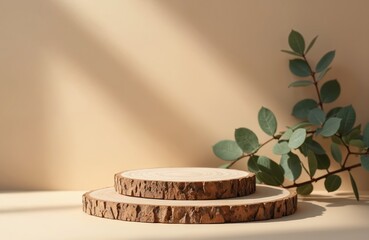 Fototapeta premium Wood slice podiums arranged on beige background. Cosmetic product mockup, twig with green leaves. Minimal luxury platform, organic, blank advertising template for package design.