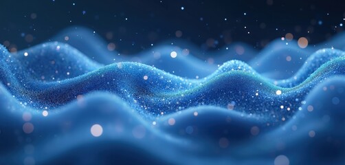Illustration of liquid blue wave with particles, molecules dance. Digital art with intricate flowing pattern in virtual world. Soft, blurred effect with glowing lights, smooth curves creates